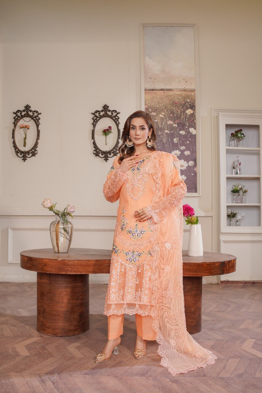3 Piece Stitched Embroidered Lawn Suit with Embroidered Soft Organza Dupatta