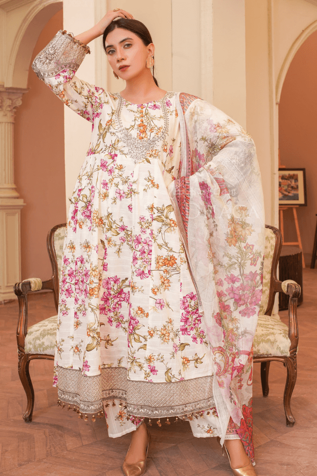 3 Piece Stitched Embroidered Lawn Frok with Printed Monaar Chiffon Dupatta