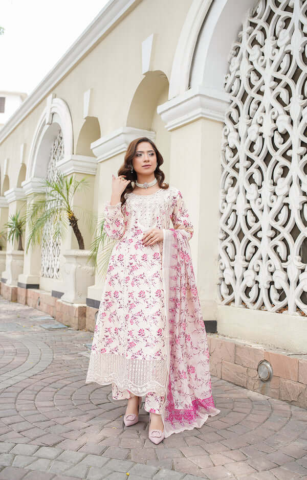 3 Piece Stitched Embroidered Lawn A Line Frok with Printed Monaar Chiffon Dupatta