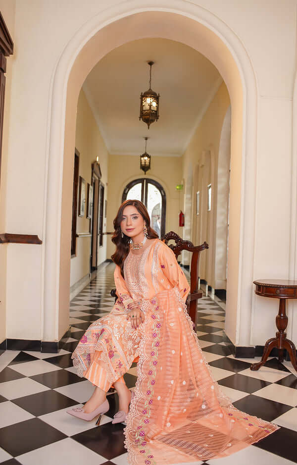 3 Piece Stitched Embroidered Lawn Suit with Embroidered Soft Organza Dupatta