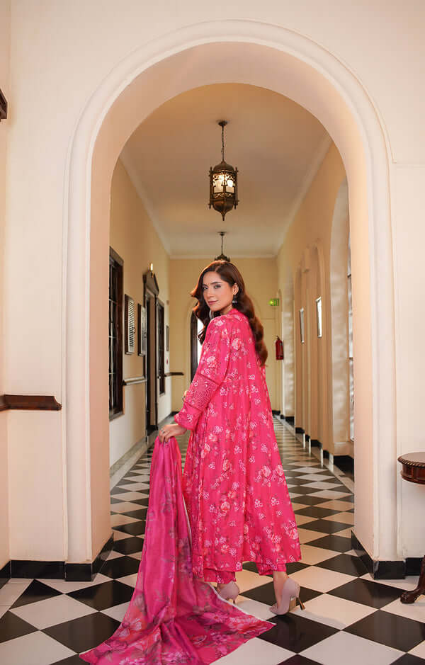 3 Piece Stitched Embroidered Lawn A Line Frok with Printed Monaar Chiffon Dupatta