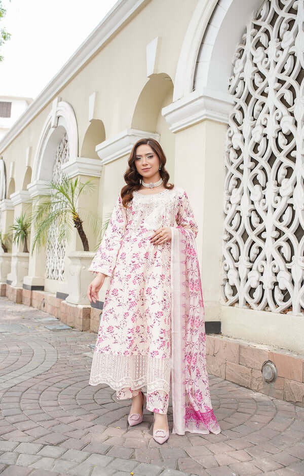 3 Piece Stitched Embroidered Lawn A Line Frok with Printed Monaar Chiffon Dupatta