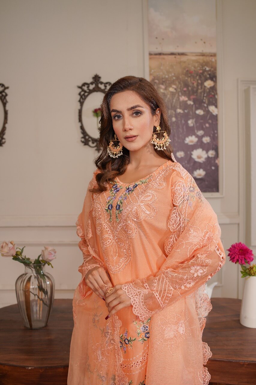 3 Piece Stitched Embroidered Lawn Suit with Embroidered Soft Organza Dupatta