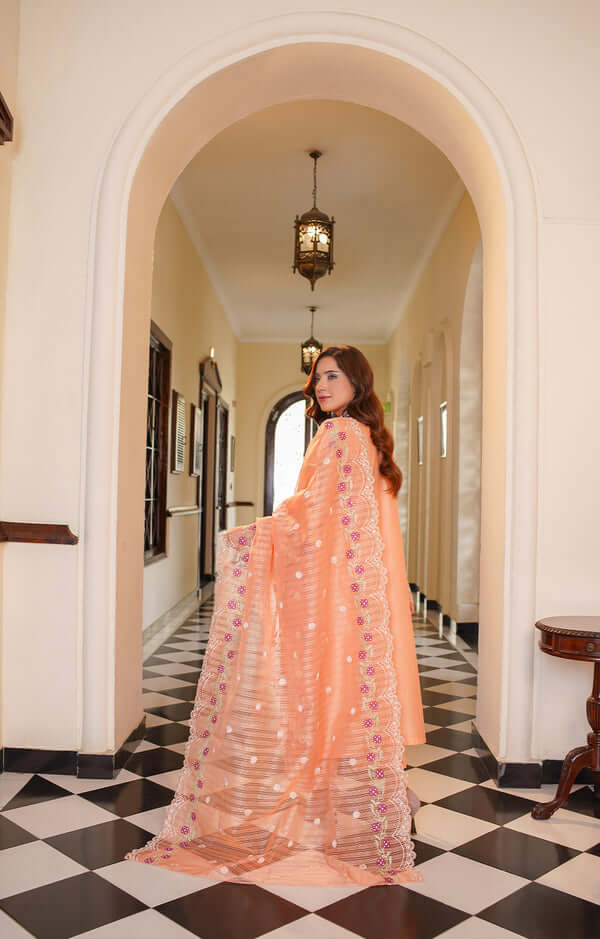 3 Piece Stitched Embroidered Lawn Suit with Embroidered Soft Organza Dupatta