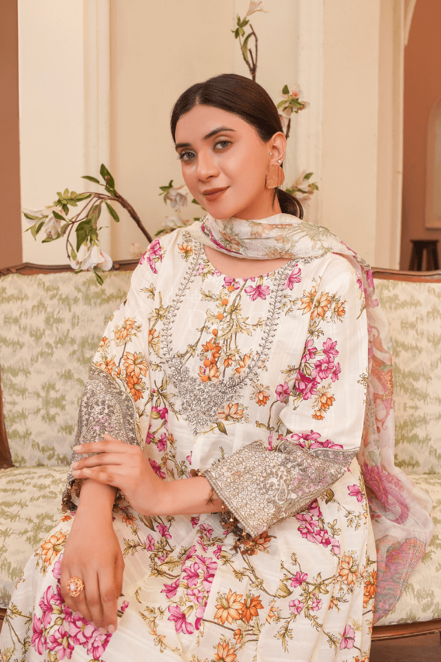 3 Piece Stitched Embroidered Lawn Frok with Printed Monaar Chiffon Dupatta