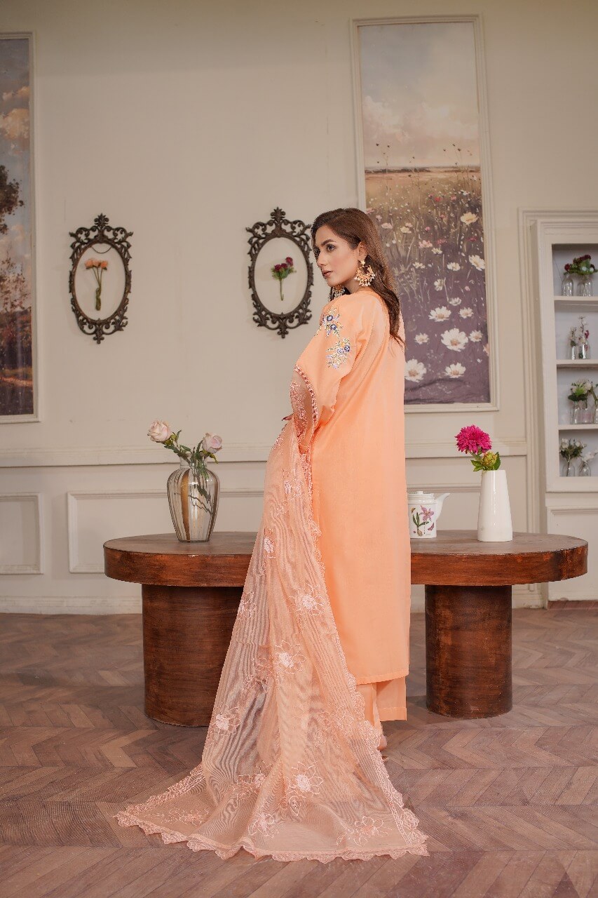 3 Piece Stitched Embroidered Lawn Suit with Embroidered Soft Organza Dupatta