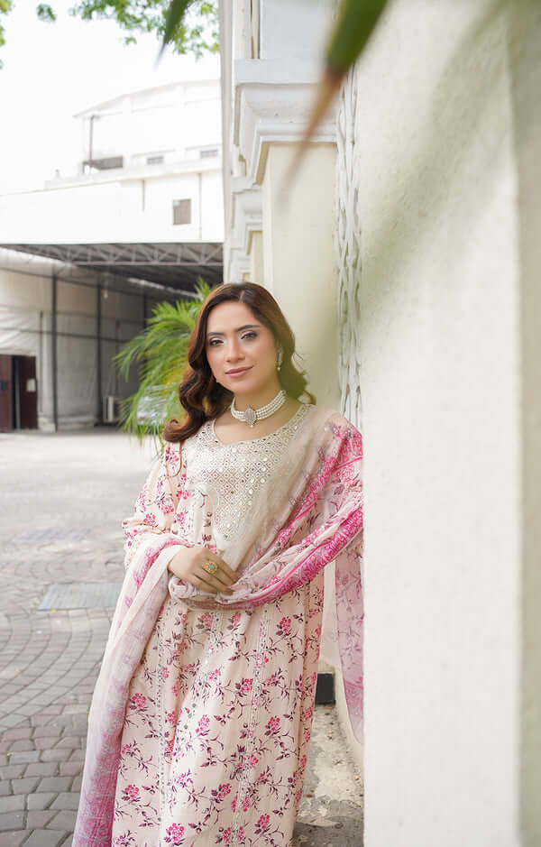 3 Piece Stitched Embroidered Lawn A Line Frok with Printed Monaar Chiffon Dupatta
