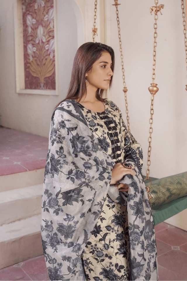 3 Piece Stitched Embroidered Lawn Suit with Printed Monaar Chiffon Dupatta