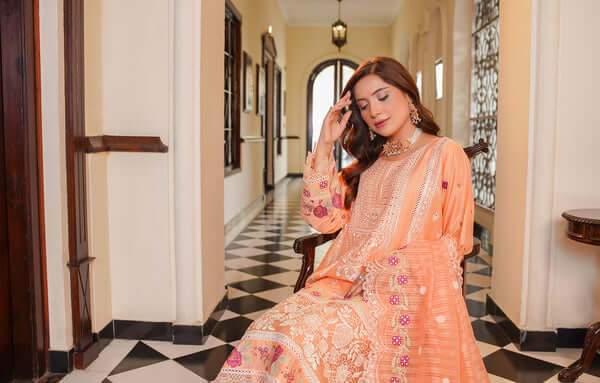 3 Piece Stitched Embroidered Lawn Suit with Embroidered Soft Organza Dupatta