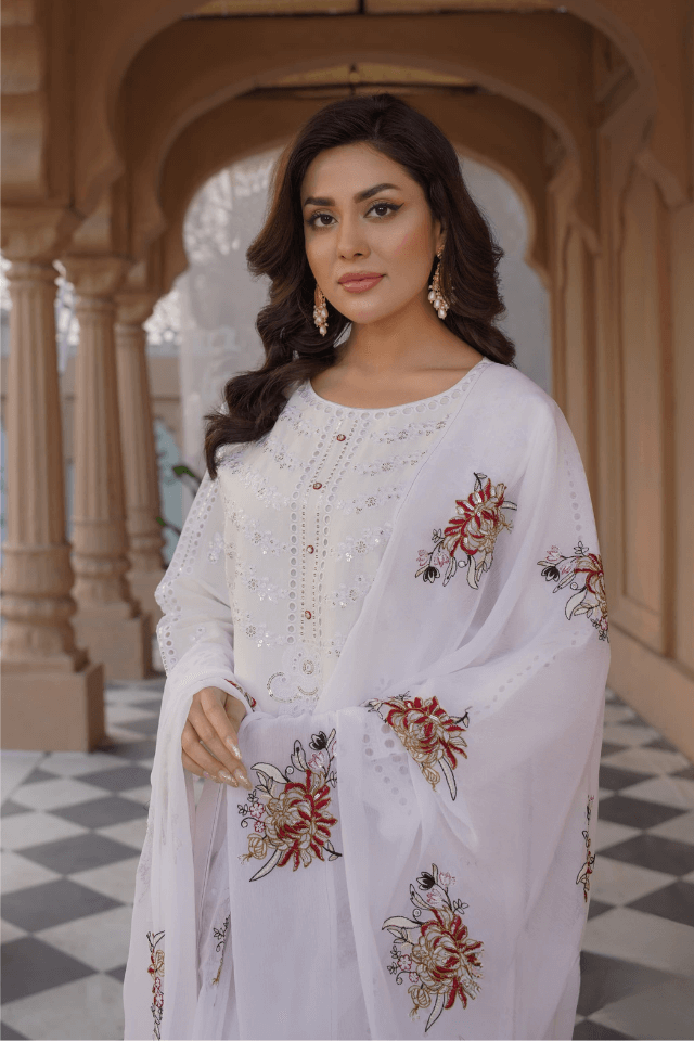 3 Piece Stitched Embroidered Lawn Suit with Embroidered Pure Chiffon Dupatta