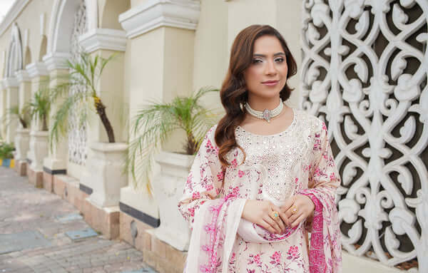 3 Piece Stitched Embroidered Lawn A Line Frok with Printed Monaar Chiffon Dupatta