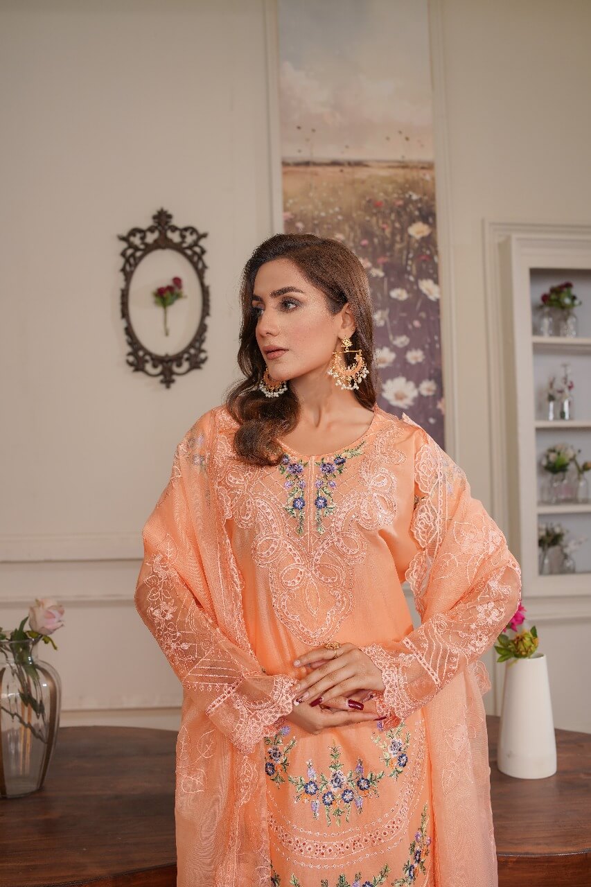 3 Piece Stitched Embroidered Lawn Suit with Embroidered Soft Organza Dupatta