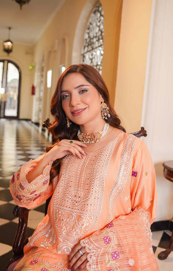 3 Piece Stitched Embroidered Lawn Suit with Embroidered Soft Organza Dupatta