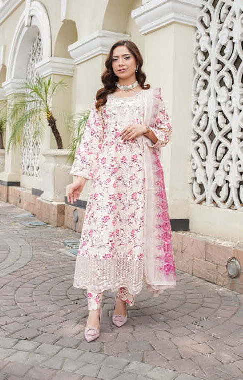 3 Piece Stitched Embroidered Lawn A Line Frok with Printed Monaar Chiffon Dupatta
