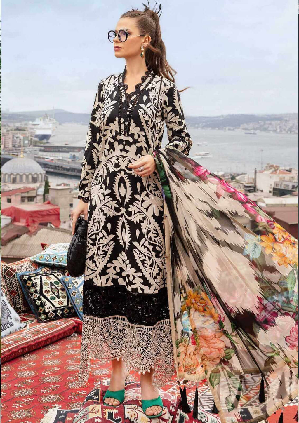3 Piece Stitched Embroidered Lawn Suit with Printed Lawn Dupatta