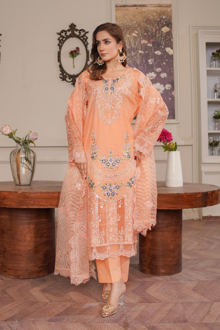 3 Piece Stitched Embroidered Lawn Suit with Embroidered Soft Organza Dupatta