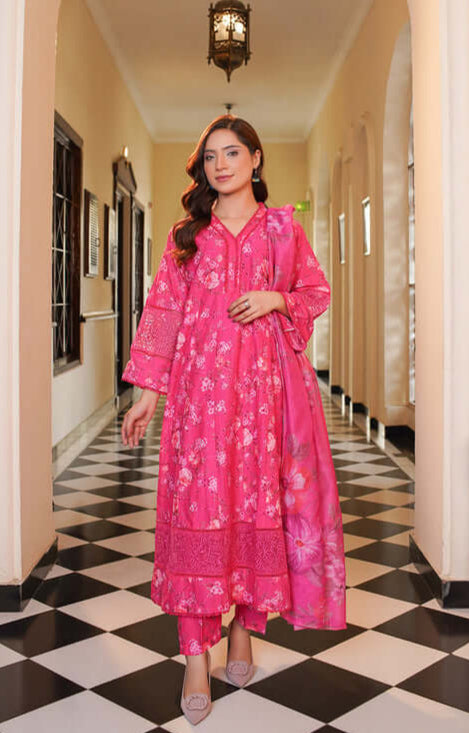 3 Piece Stitched Embroidered Lawn A Line Frok with Printed Monaar Chiffon Dupatta