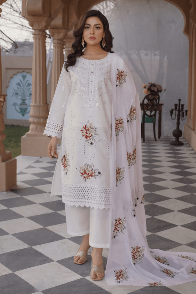 3 Piece Stitched Embroidered Lawn Suit with Embroidered Pure Chiffon Dupatta