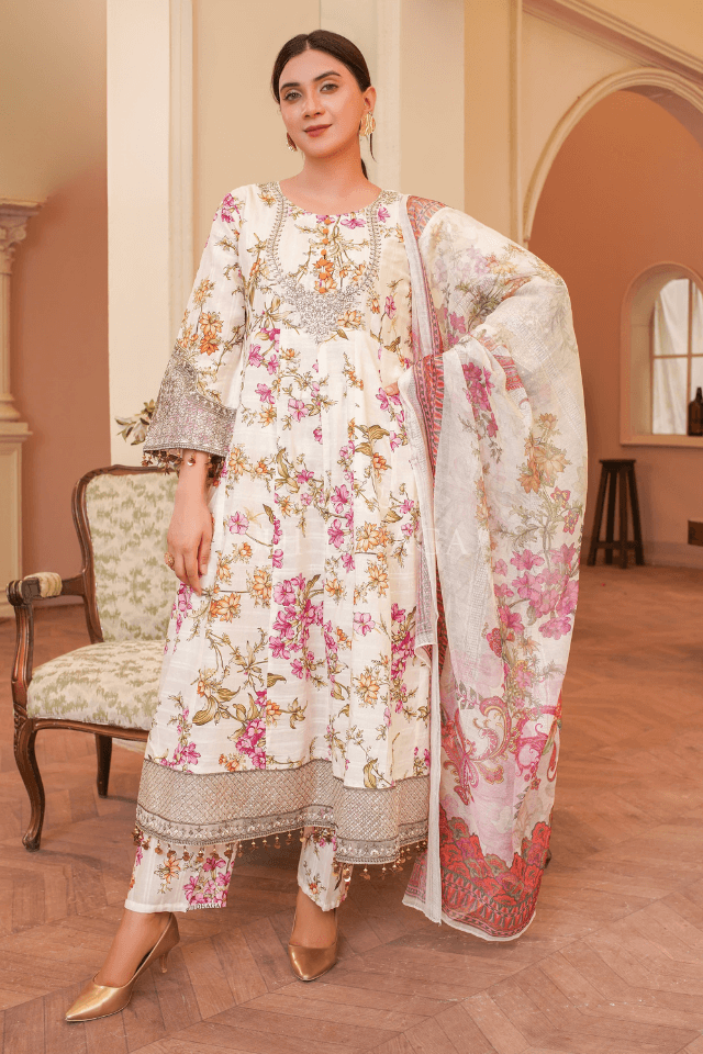 3 Piece Stitched Embroidered Lawn Frok with Printed Monaar Chiffon Dupatta