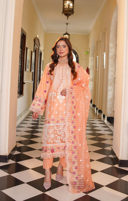 3 Piece Stitched Embroidered Lawn Suit with Embroidered Soft Organza Dupatta