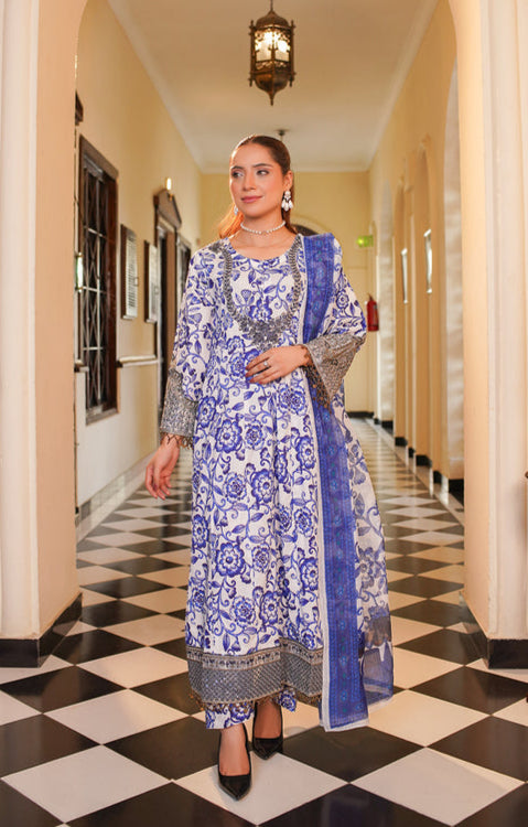 3 Piece Stitched Embroidered Lawn A Line Frok with Printed Monaar Chiffon Dupatta